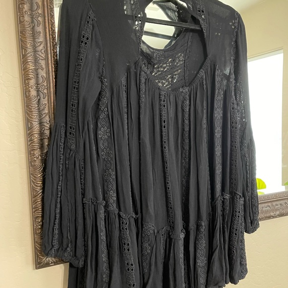 Free People Embroidered Black lace long sleeve Tunic Top Dress XS - Picture 6 of 9